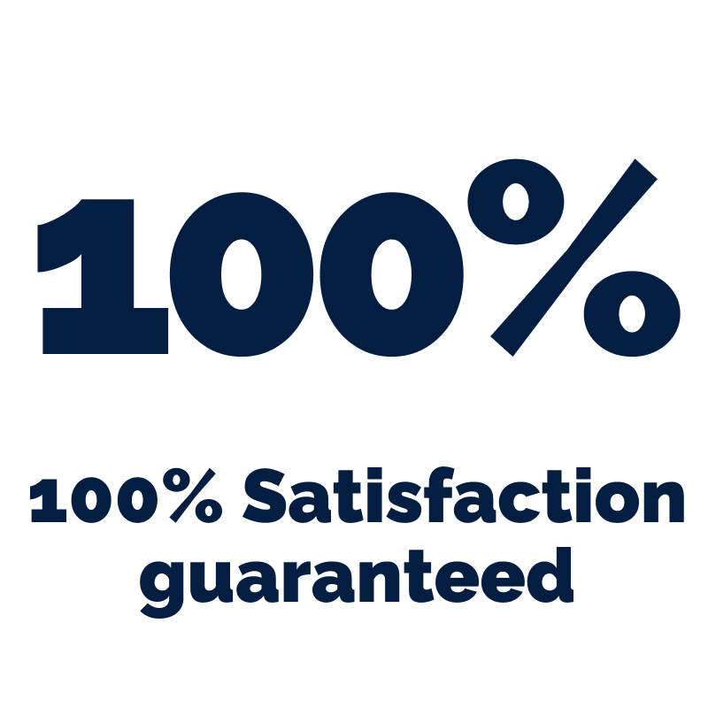 100% satisfaction guaranteed statement in blue text on a white background