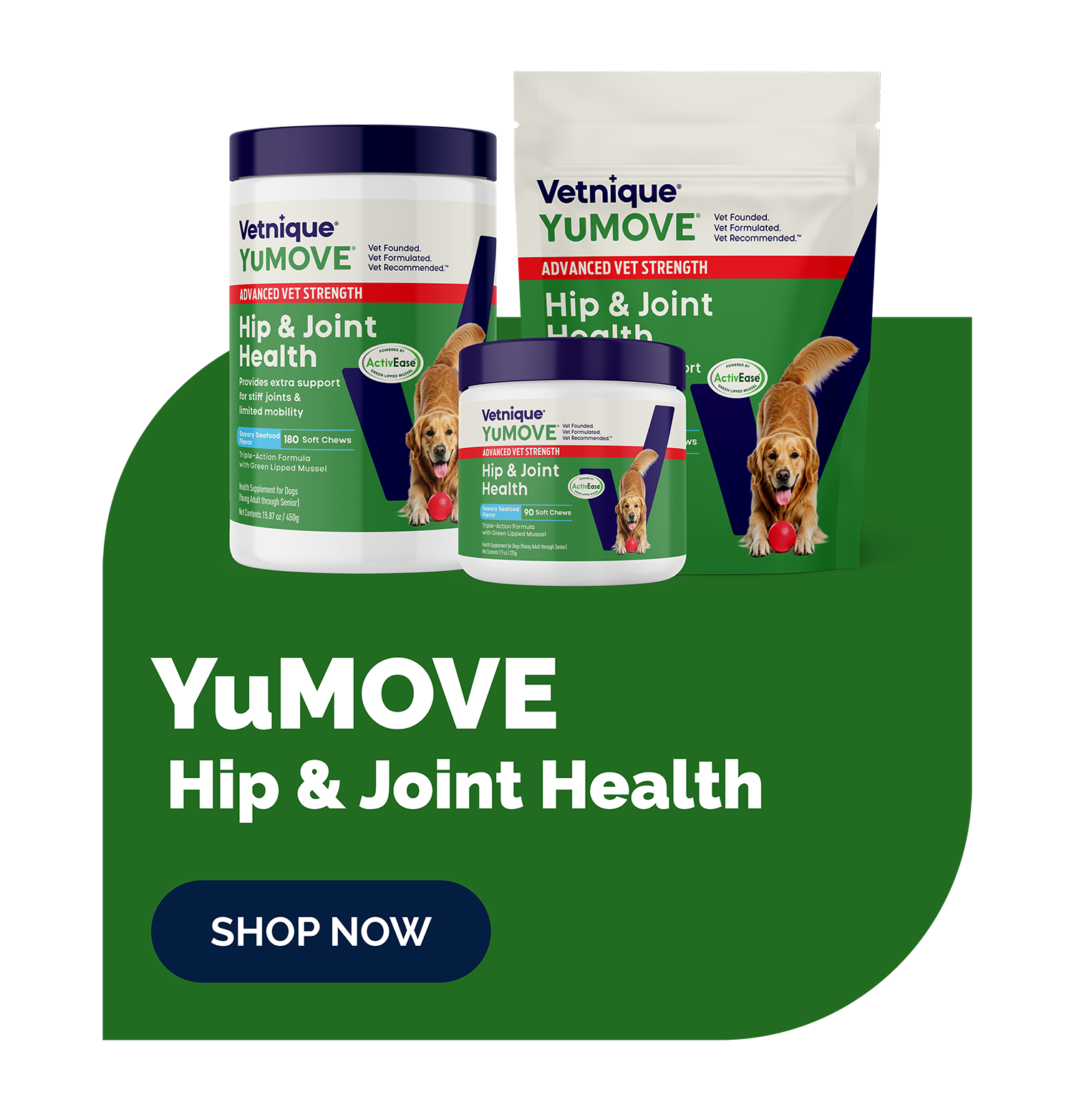 YuMOVE Hip & Joint Health products on a green background with 'Shop Now' button
