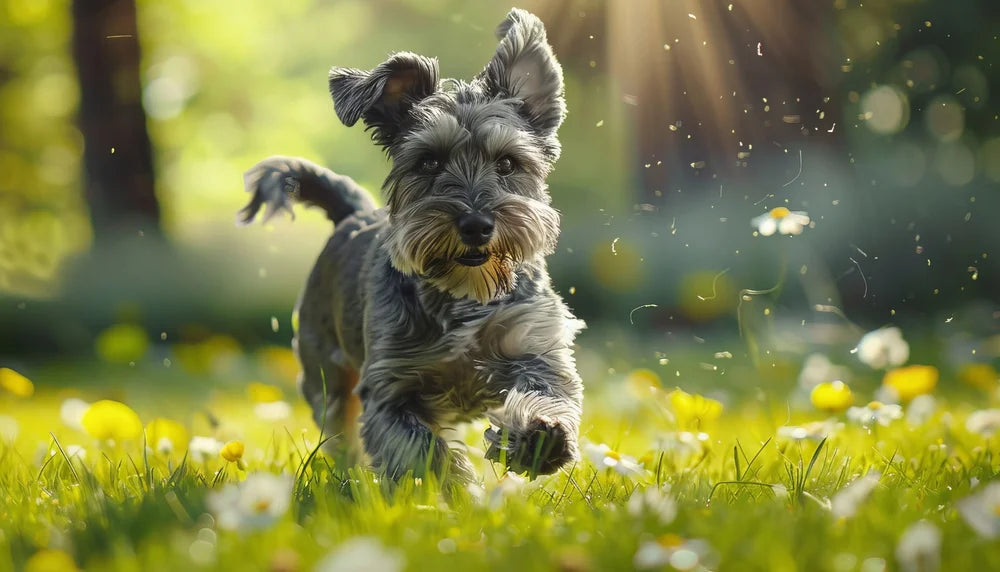 Dog running through field with allergies