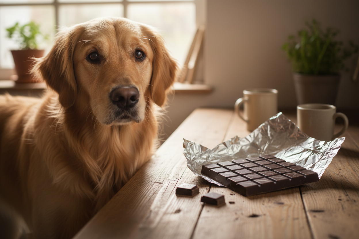 dog standing next to a bar of chocolate