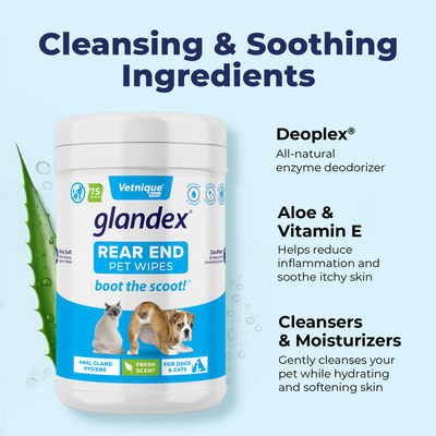 Glandex Rear End Pet Wipes Clansing and Soothing Ingredietns