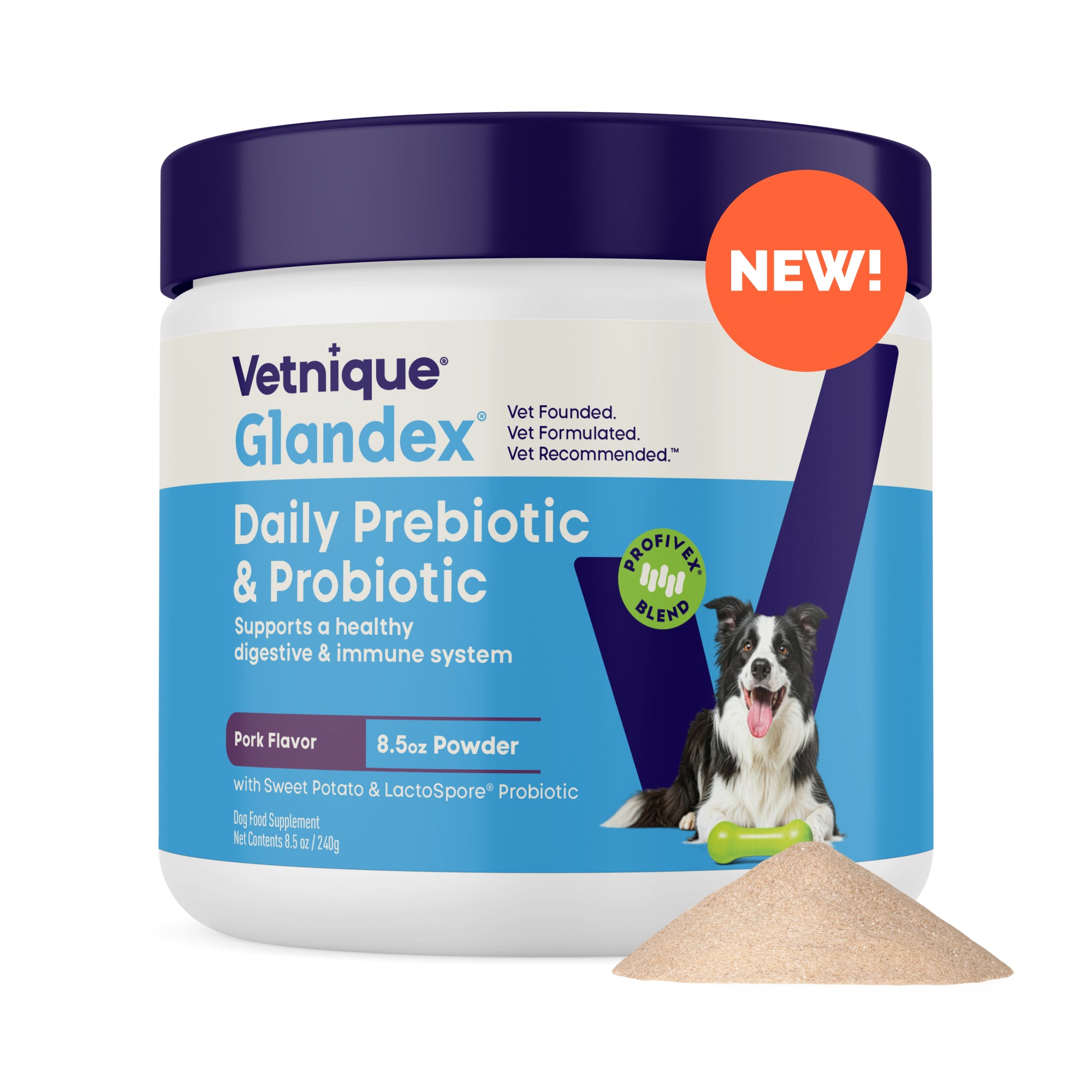 Vetnique Glandex Daily Prebiotic & Probiotic powder container with a dog on the label.