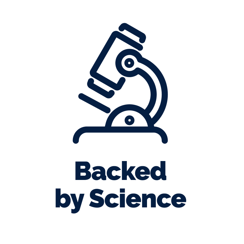 Microscope icon and 'Backed by Science' text on a white background