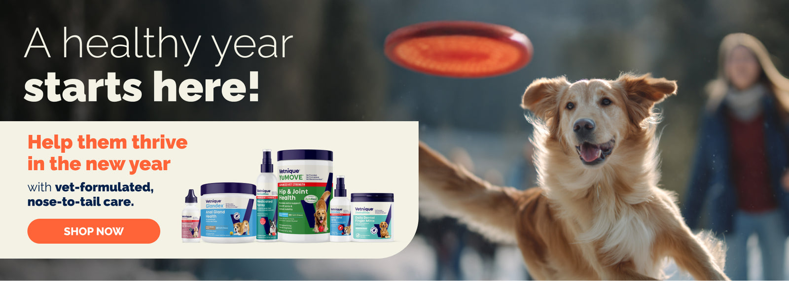 A healthy new year starts here! Help them thrive in the new year with vet-formulated, nose-to-tail care. Shop Now.

Pictured: Six Vetnique products. Golden retriever attempting to catch an orange frisbee with owner in background.