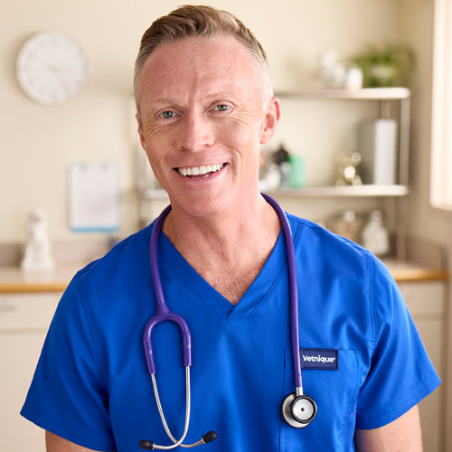 Dr. Patrick Mahaney in blue scrubs and a stethoscope, smiling in the vet office