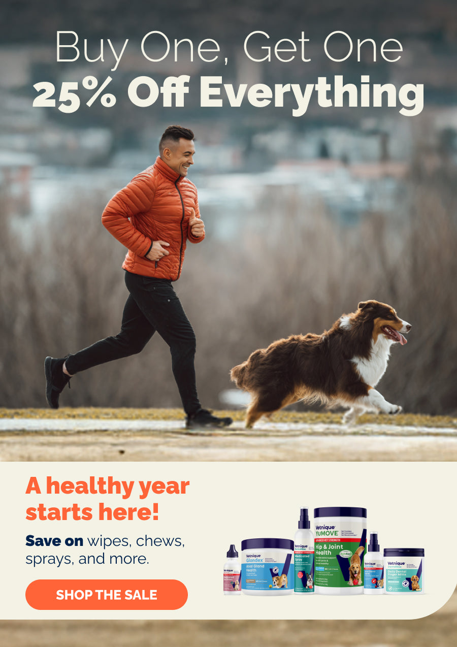 Buy One, Get One 25% Off Everything. A healthy year starts here! Save on wipes, chews, sprays, and more. Shop the sale.

Pictured: 6 Vetnique products. Man in orange coat jogging through the park with Australian shepherd dog.