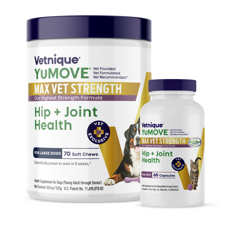 Vetnique YuMOVE Max Vet Strength Hip + Joint Health for Large Dogs. 70 soft chews. Vet exclusive. 

Vetnique YuMOVE Max Vet Strength Hip + Joint Health for Cats. 60 capsules. Vet exclusive. 