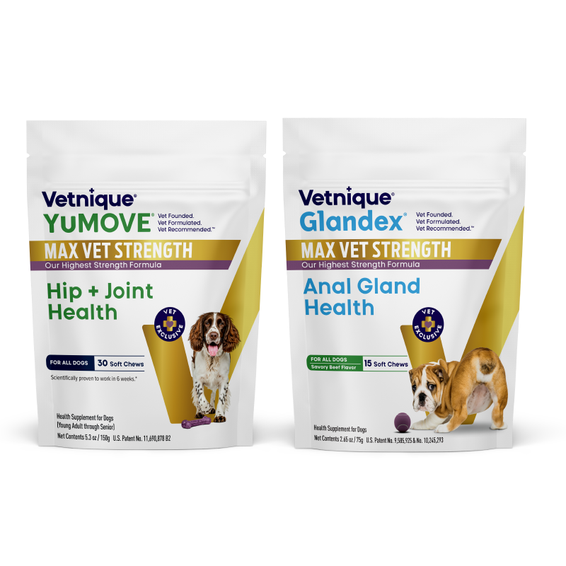 Vetnique YuMOVE Max Vet Strength Hip + Joint Health for All Dogs. 30 soft chews. Vet exclusive. 

Vetnique Glandex Max Vet Strength Anal Gland Health for All Dogs. 15 soft chews. Vet exclusive.